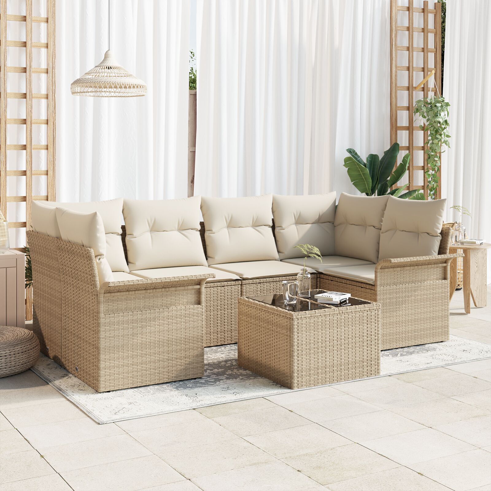 vidaXL set vrtnih sofa od 7 dijelova s jastučićima bež poli ratan