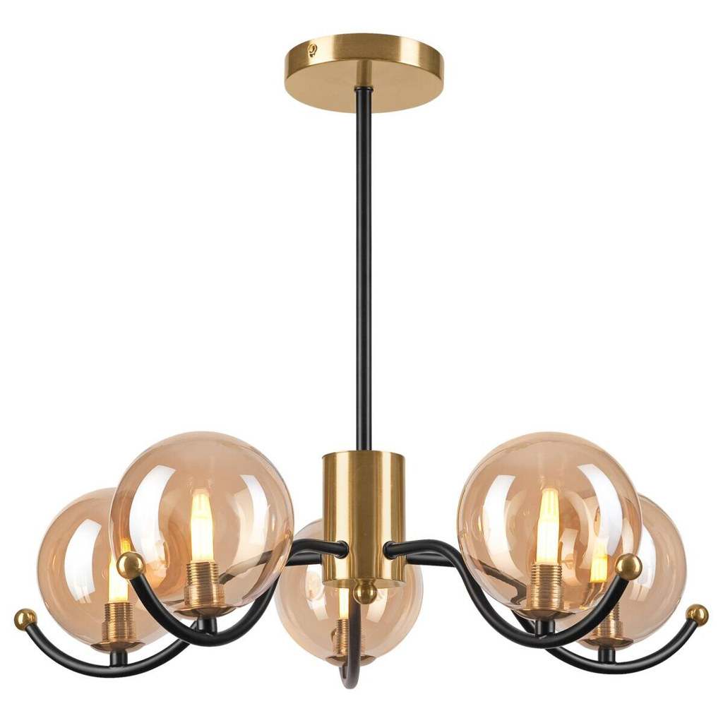 Lamkur Pendelleuchte GEORGIA 49281 schwarz gold Glas Stahl H/L: ca. 48,5x54 cm E27 5 Brennstellen