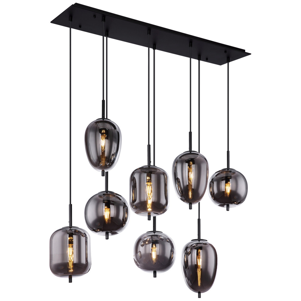 GLOBO Pendelleuchte Blacky 15345-8 schwarz Rauch Metall Glas B/H/T: ca. 94x120x34 cm E14 8 Brennstellen