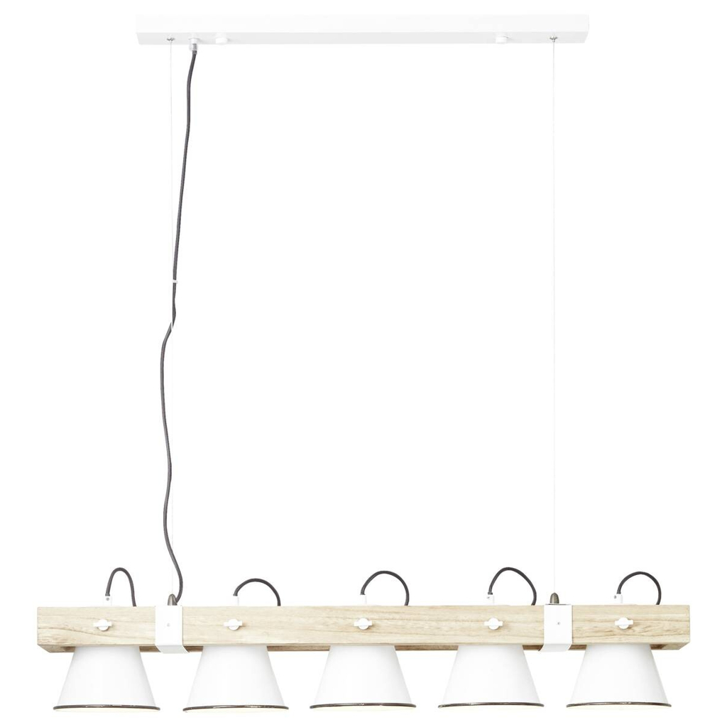 Brilliant Pendelleuchte Plow weiß hellbraun Metall Holz B/T/L: ca. 95x20x115 cm E27 5 Brennstellen