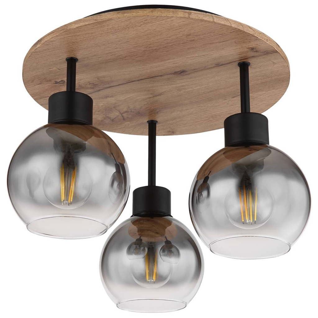 GLOBO Deckenleuchte 15656-3DR Rauch schwarz natur klar Glas Metall MDF H/D: ca. 38x38 cm E27 3 Brennstellen