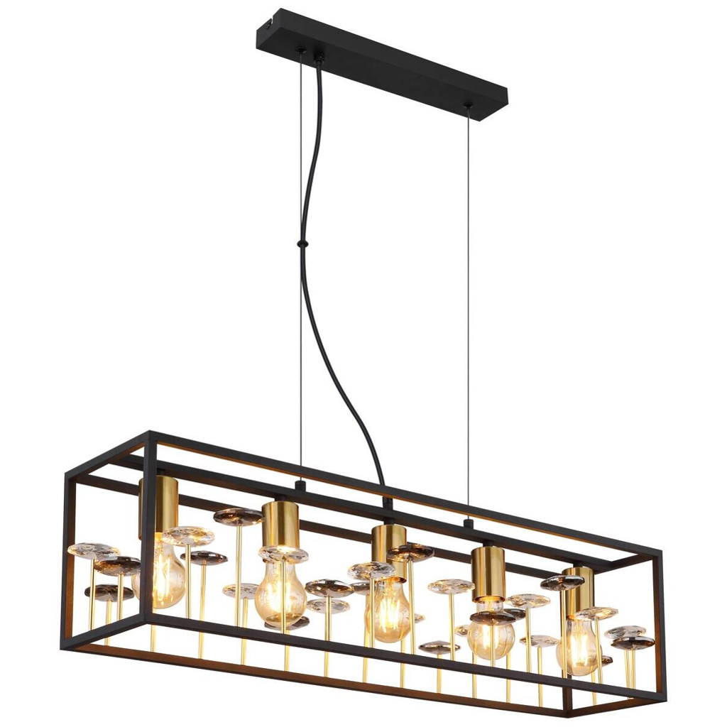GLOBO Pendelleuchte LISBON 15644H1 gold Rauch mattschwarz Metall Glas B/H/L: ca. 77x120x18 cm E27 5 Brennstellen