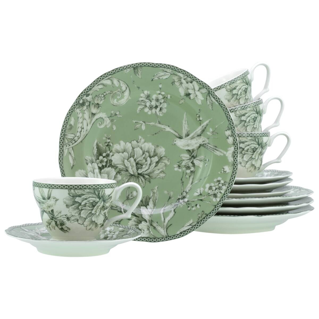 CreaTable Kaffeeservice Adelaide Grün weiß Porzellan 12 tlg.