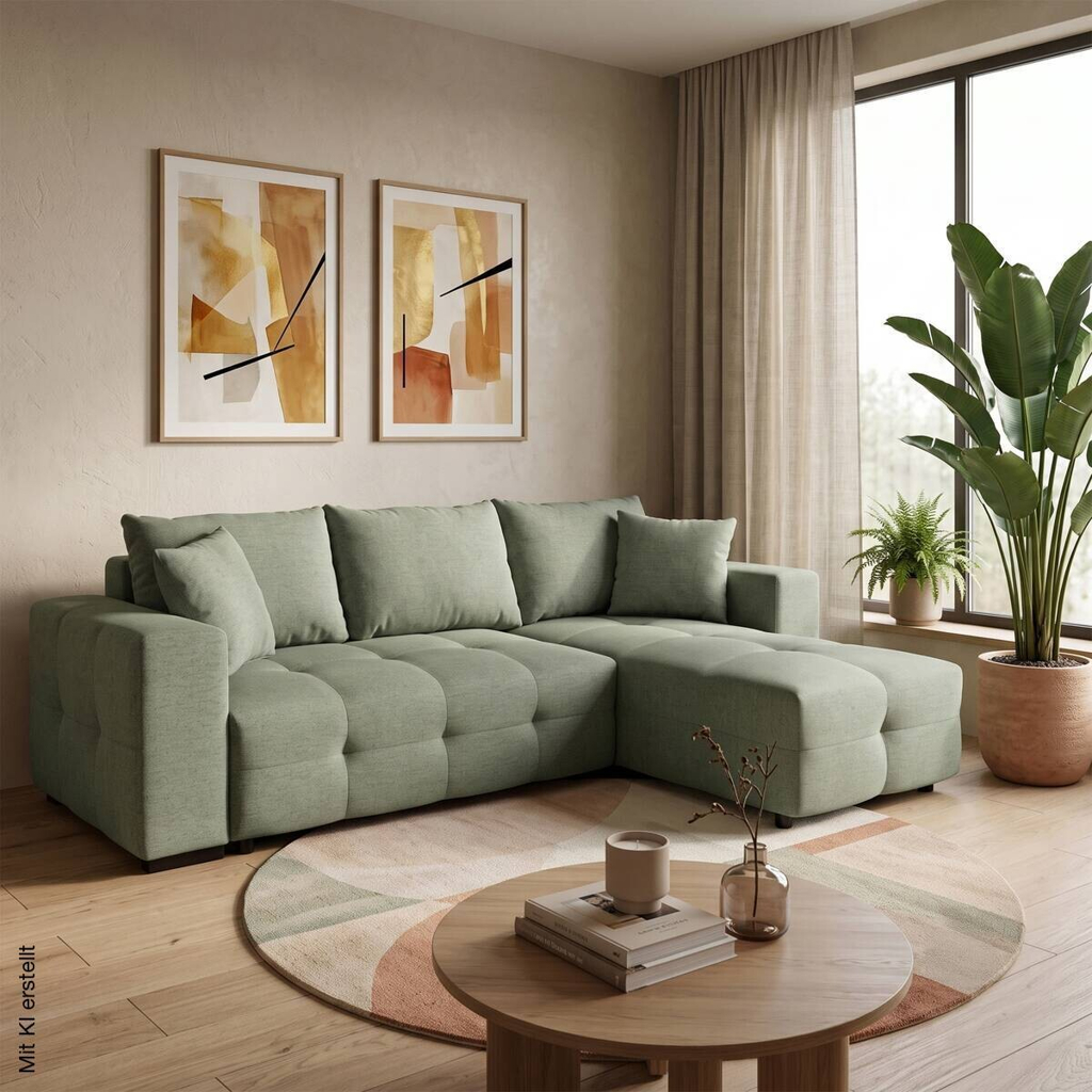 Ecksofa mit Bettfunktion und Bettkasten salbei Webstoff B/H/T: ca. 247x83x162 cm