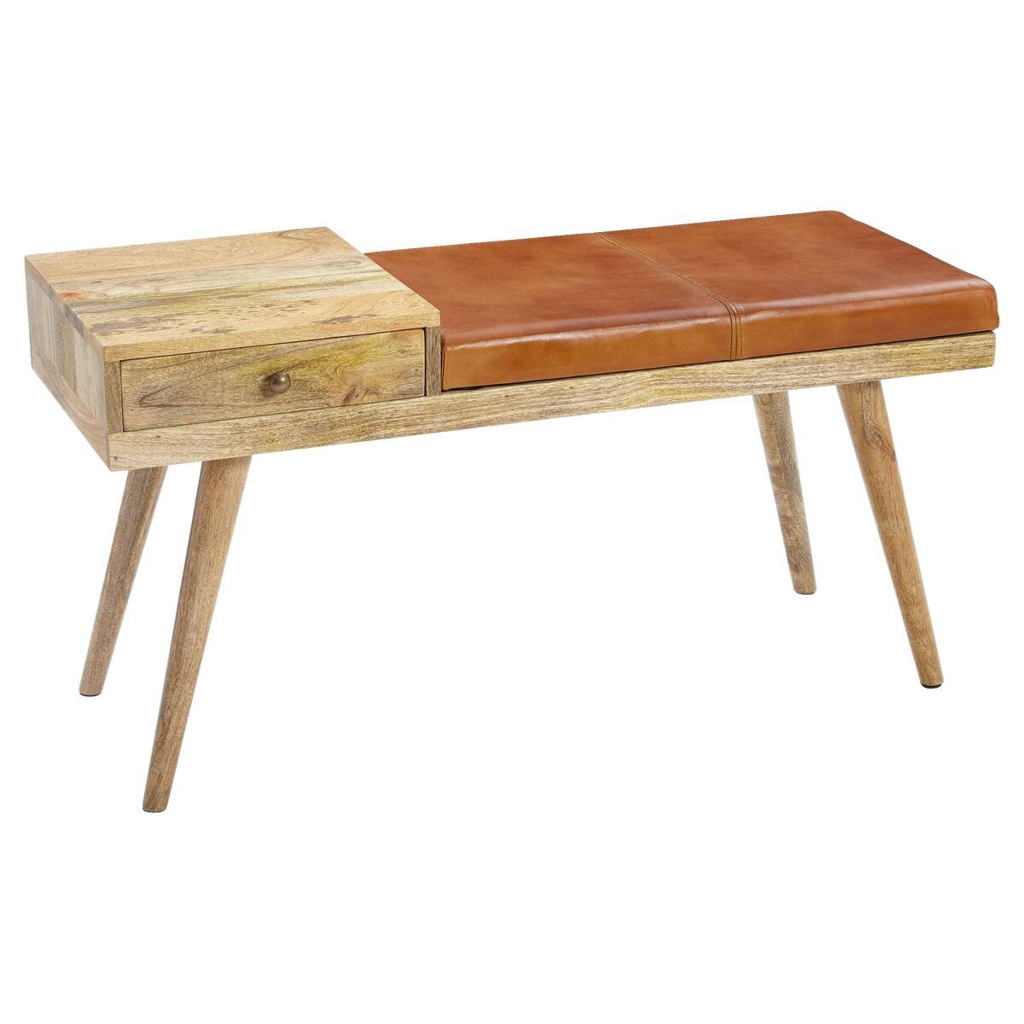 Wohnling Sitzbank natur braun Echtholz Leder B/H/T: ca. 100x52x38 cm