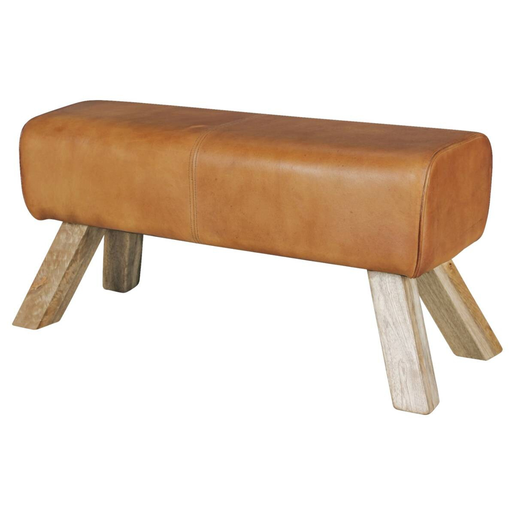 Wohnling Sitzbank braun natur Leder Echtholz B/H/T: ca. 90x43x30 cm