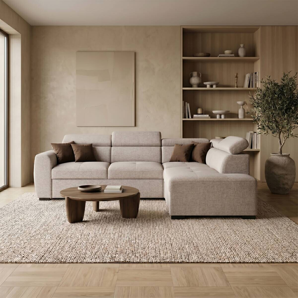 Ecksofa mit Bettfunktion und Bettkasten beige Webstoff B/H/T: ca. 245x184x87 cm
