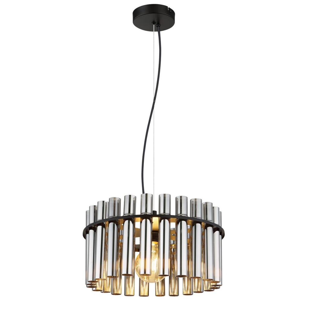 GLOBO Pendelleuchte Rauch schwarz Metall Glas PVC H/D: ca. 120x38 cm E27 1 Brennstellen