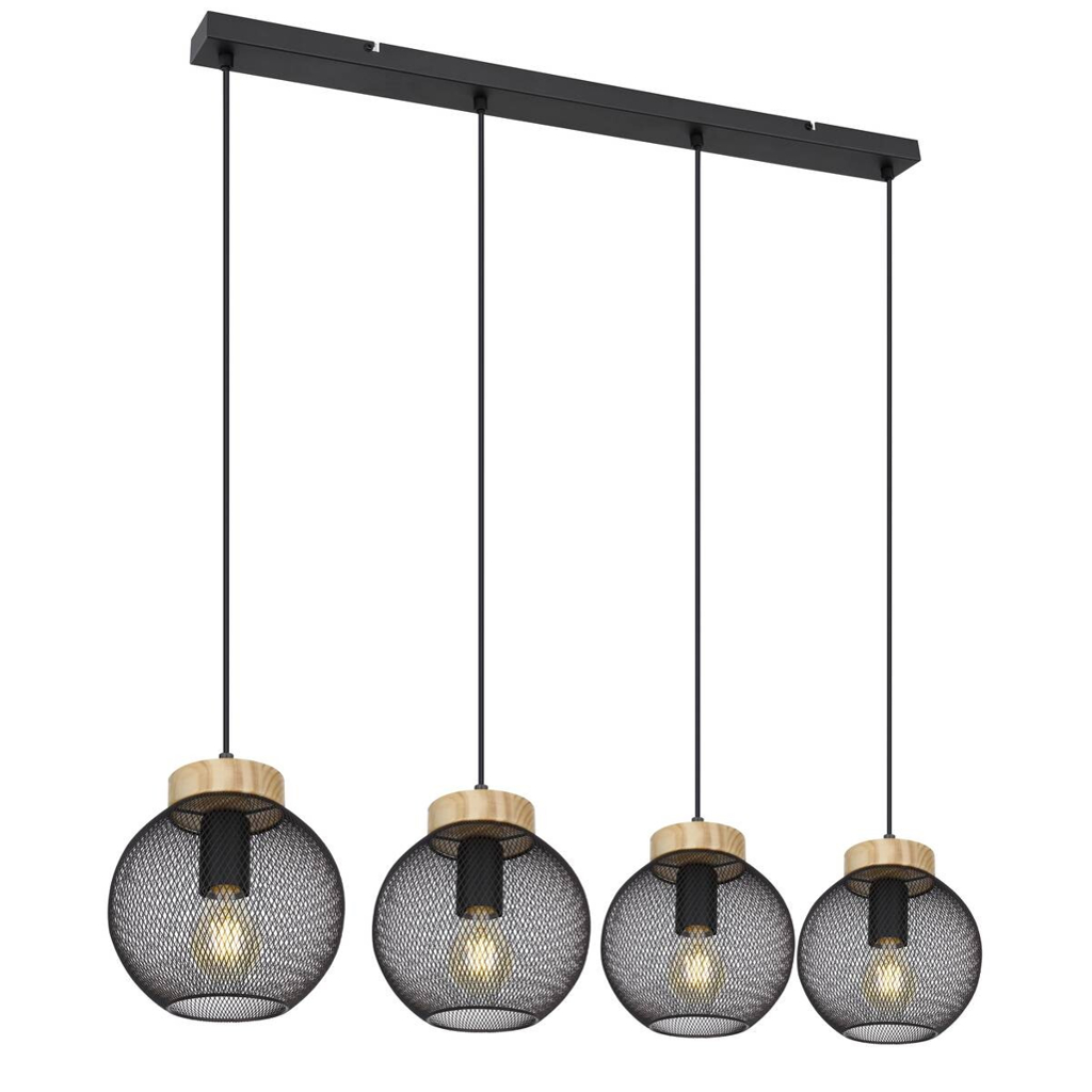 GLOBO Pendelleuchte Pablo mattschwarz natur Metall Holz B/H/T: ca. 95x120x20 cm E27 4 Brennstellen