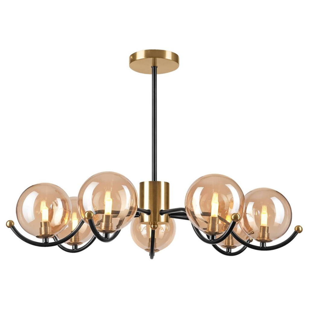 Lamkur Pendelleuchte GEORGIA 49298 gold schwarz Stahl Glas H/L: ca. 48,5x66 cm E27 7 Brennstellen