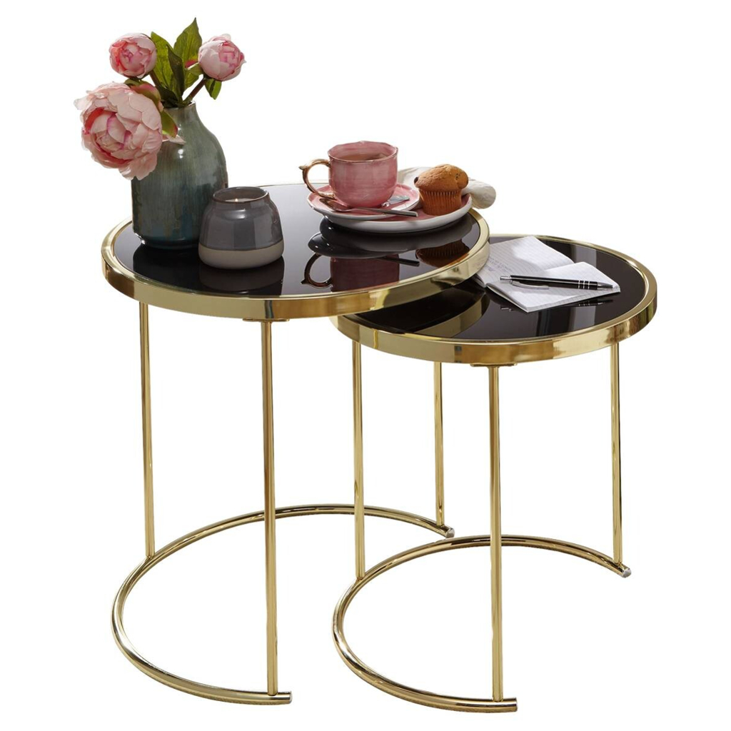 Beistelltisch 2er-Set schwarz gold lackiert Glas Metall