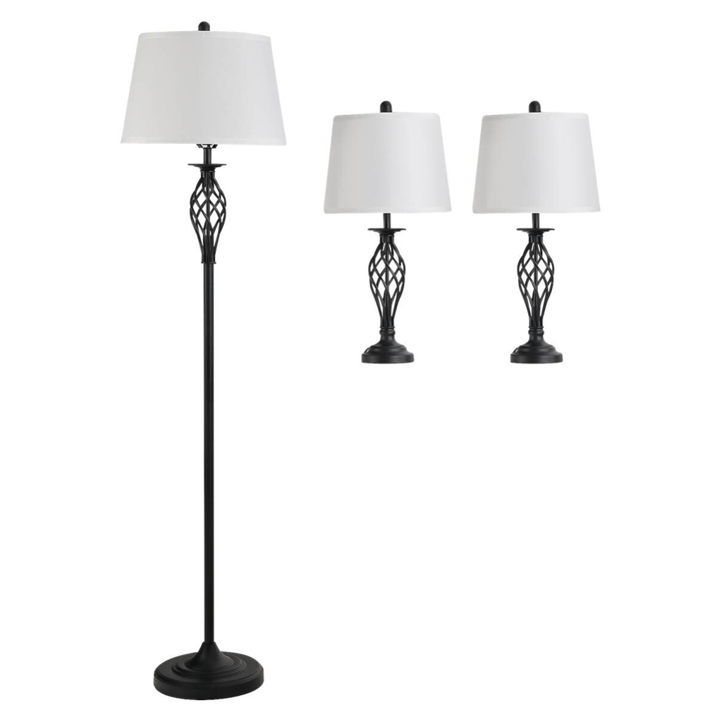 HOMCOM Stehlampe inkl. 2 Tischleuchten B31-179 schwarz weiß Metall Polyester-Mischgewebe Stoff B/H/L: ca. 38x158x38 cm E27 3 Brennstellen