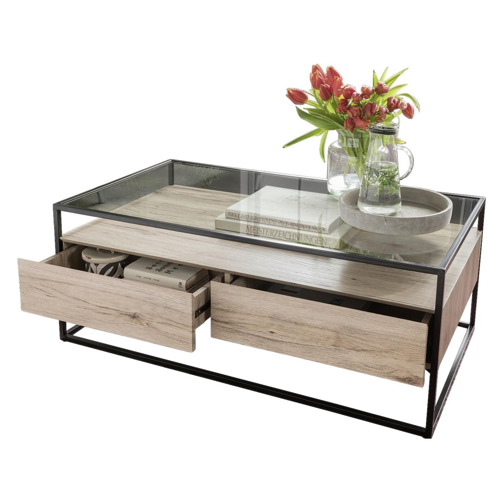 Couchtisch Bozen II glasklar Eiche Sonoma Nachbildung schwarz B/H/T: ca. 110x42x60 cm