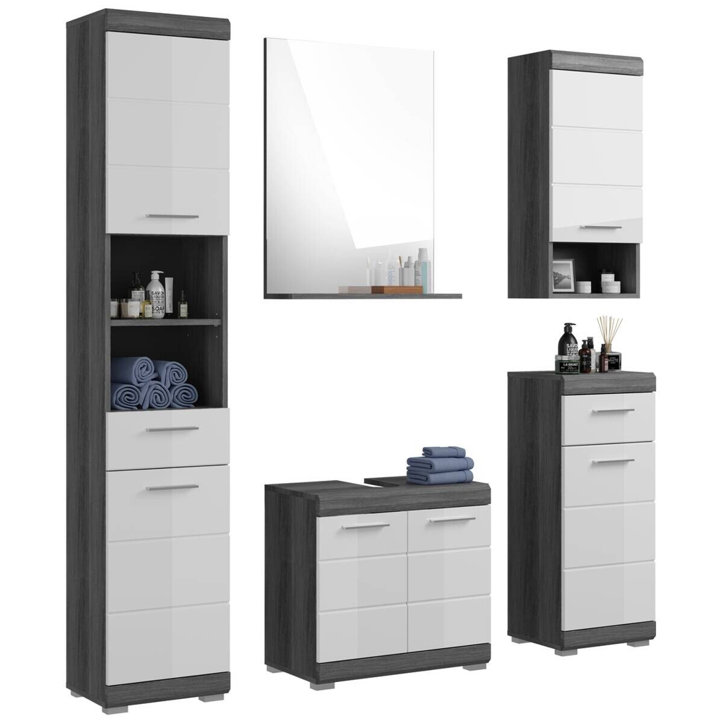 Badezimmer-Set Scout Eiche Rauchsilber Nachbildung weiß Hochglanz B/H/T: ca. 164x191x34 cm
