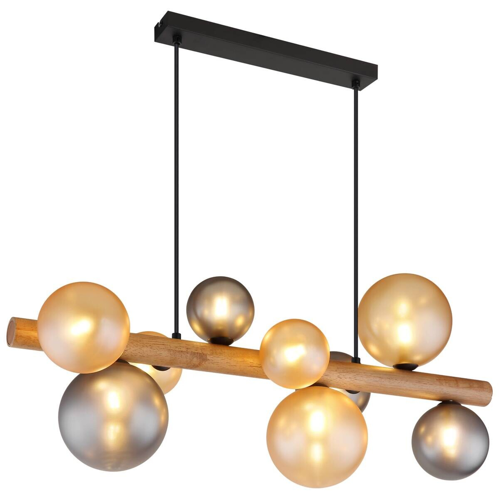 GLOBO LED-Hängeleuchte dunkelbraun amber Rauch Holz Metall Glas B/H/L: ca. 29x150x78 cm 9 Brennstellen