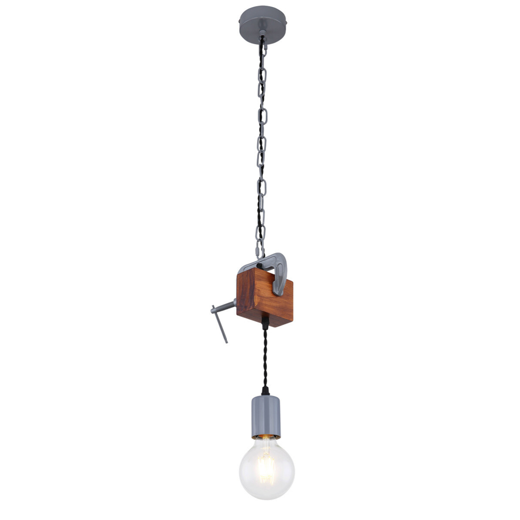 GLOBO Pendelleuchte 15432H Ludi verzinkt Metall Holz B/H/T: ca. 14x120x10 cm E27 1 Brennstellen