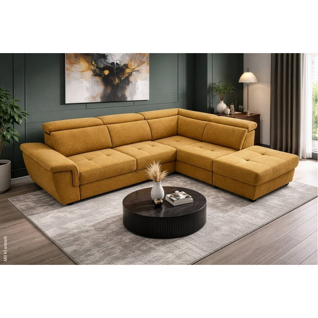 Ecksofa mit Bettfunktion und Bettkasten senf Flachgewebe B/H/T: ca. 267x75x238 cm