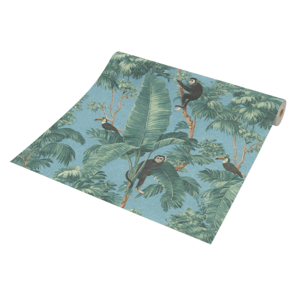 Vliestapete Palmen mit Affen grün türkis B/L: ca. 53x1005 cm