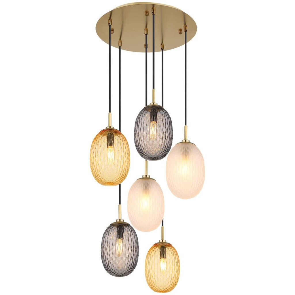 GLOBO Pendelleuchte Rauch gold schwarz Metall Glas Textil H/D: ca. 120x47 cm E14 6 Brennstellen