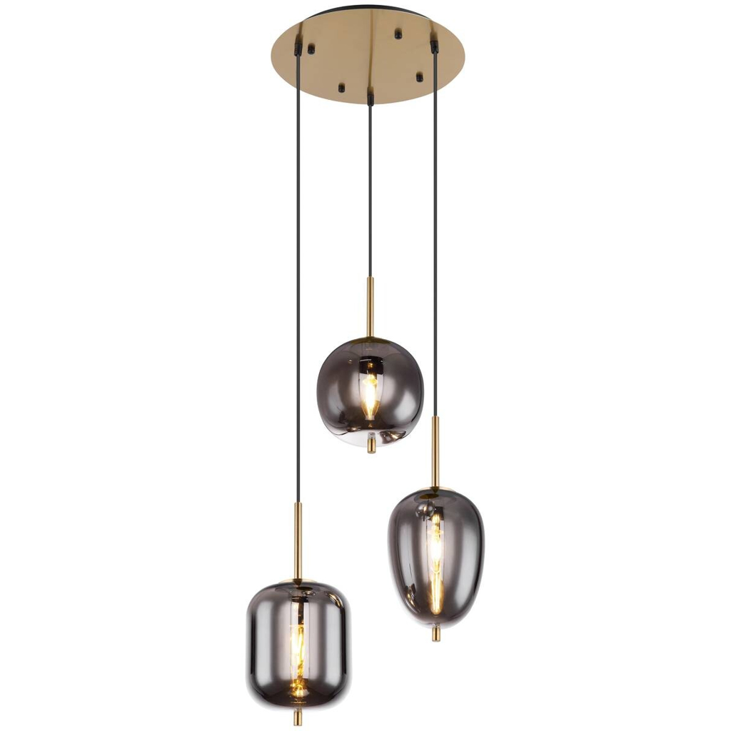 GLOBO Pendelleuchte Blacky messing Metall Rauchglas H/D: ca. 120x46 cm E14 3 Brennstellen