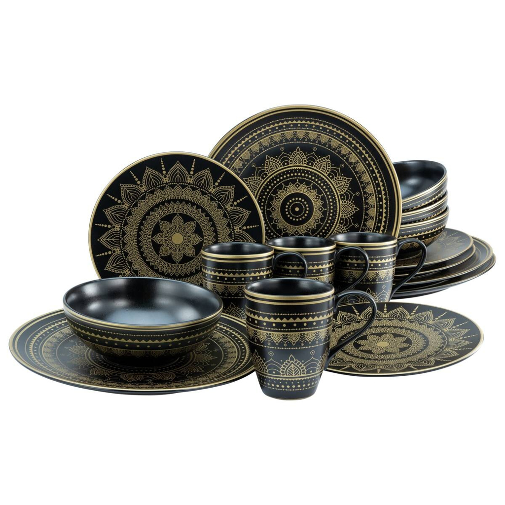 CreaTable Kombiservice MANDALA GOLD schwarz Steinzeug 16 tlg.