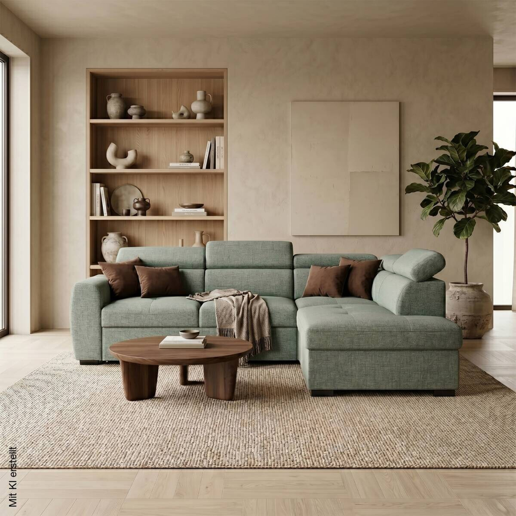 Ecksofa mit Bettfunktion und Bettkasten salbei Webstoff B/H/T: ca. 245x184x87 cm