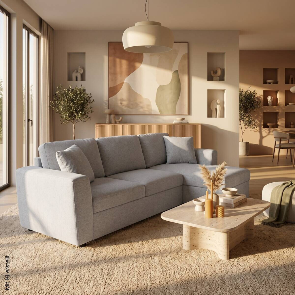 Ecksofa mit Bettfunktion und Bettkasten hellgrau Webstoff B/H/T: ca. 234x86x144 cm