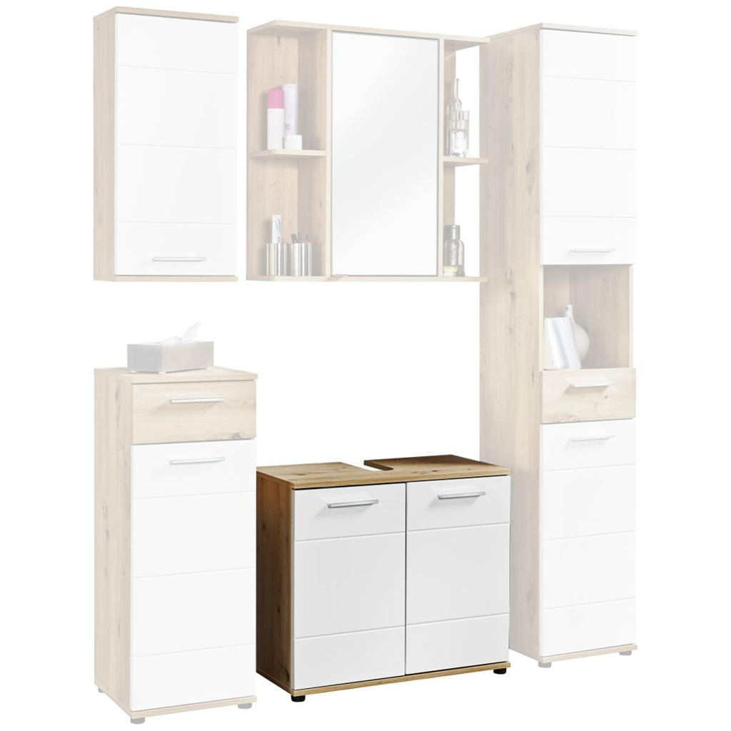 Waschbeckenunterschrank Bergen Eiche Artisan Nachbildung weiß Hochglanz B/H/T: ca. 70x61x35 cm