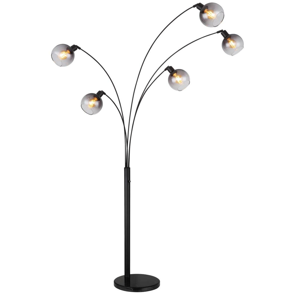 Stehlampe Seymour schwarz Rauchglas B/H/L: ca. 110x208x98 cm E27 5 Brennstellen