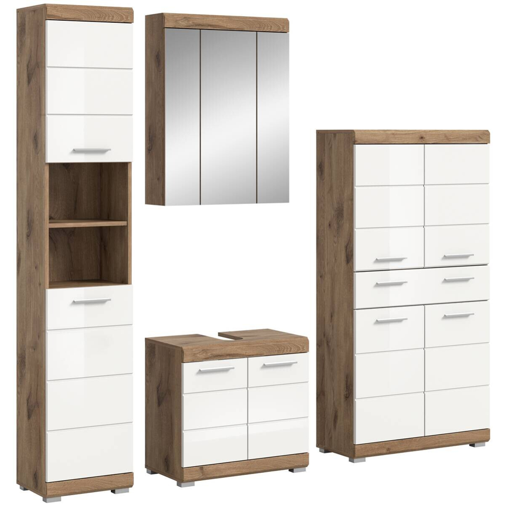 Badezimmer-Set Wave weiß Hochglanz Nox Oak Nachbildung B/H/T: ca. 204x191x34 cm