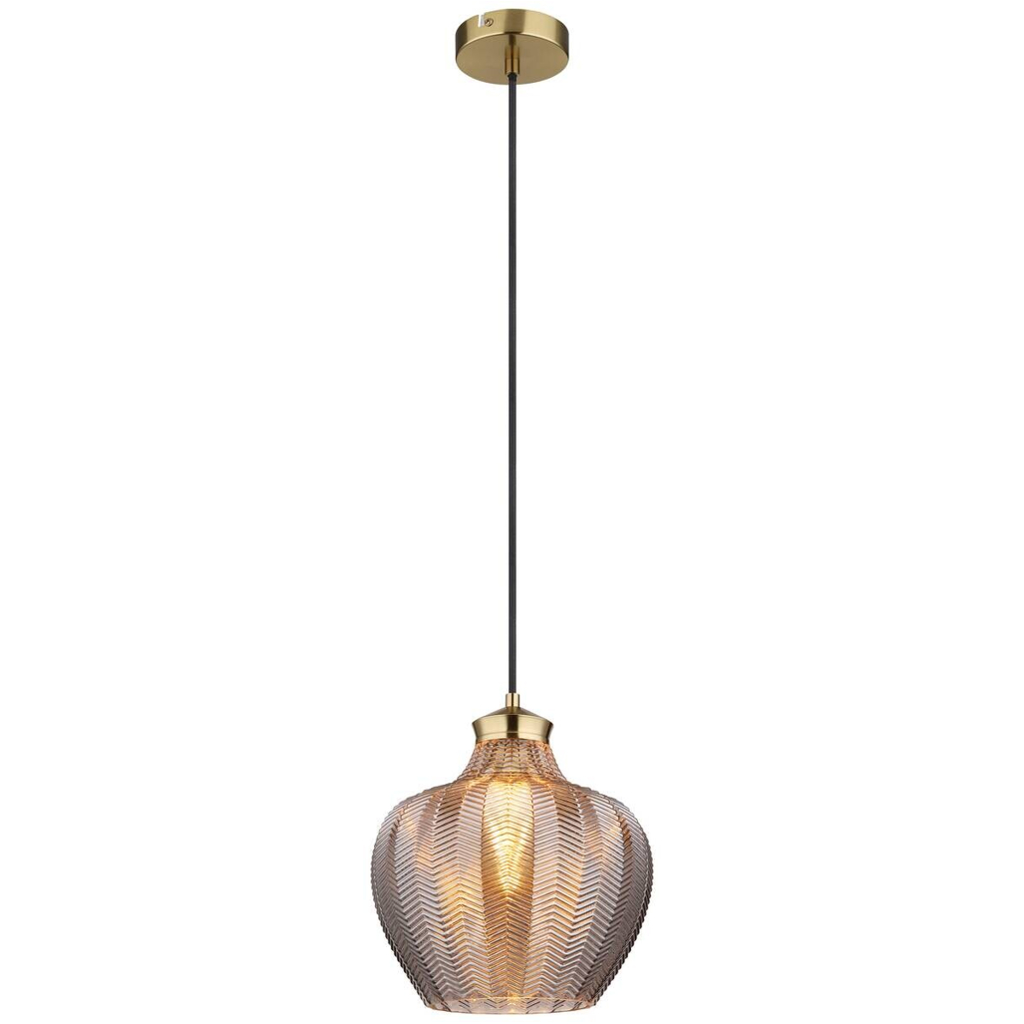 GLOBO Pendelleuchte gold schwarz Rauch Metall Textil Glas H/D: ca. 120x25 cm E27 1 Brennstellen