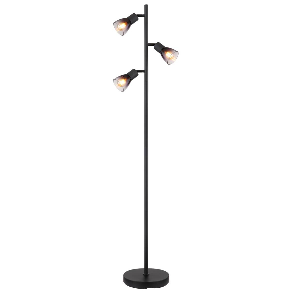 GLOBO Stehlampe klar Rauch schwarz Metall PVC Glas B/H/L: ca. 22x161x30 cm E14 3 Brennstellen