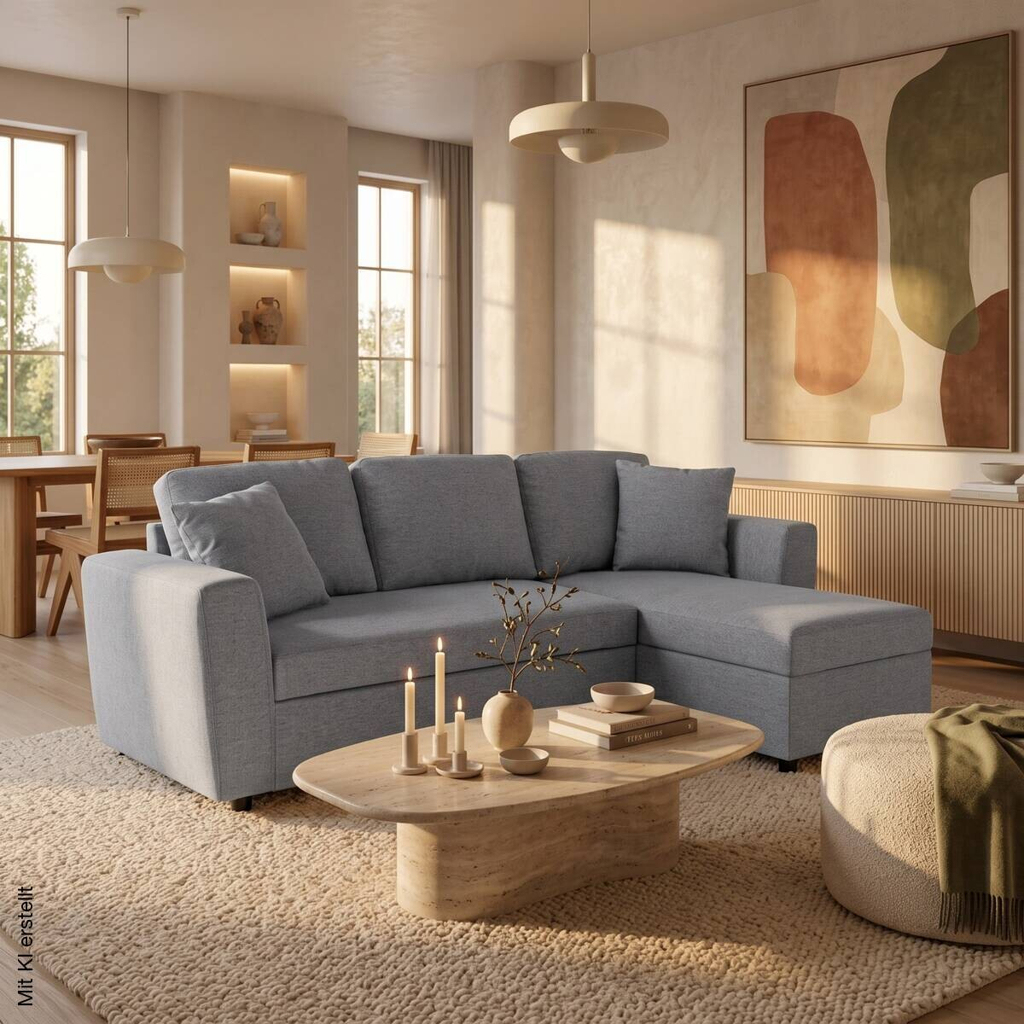 Ecksofa mit Bettfunktion und Bettkasten grau Webstoff B/H/T: ca. 234x86x144 cm