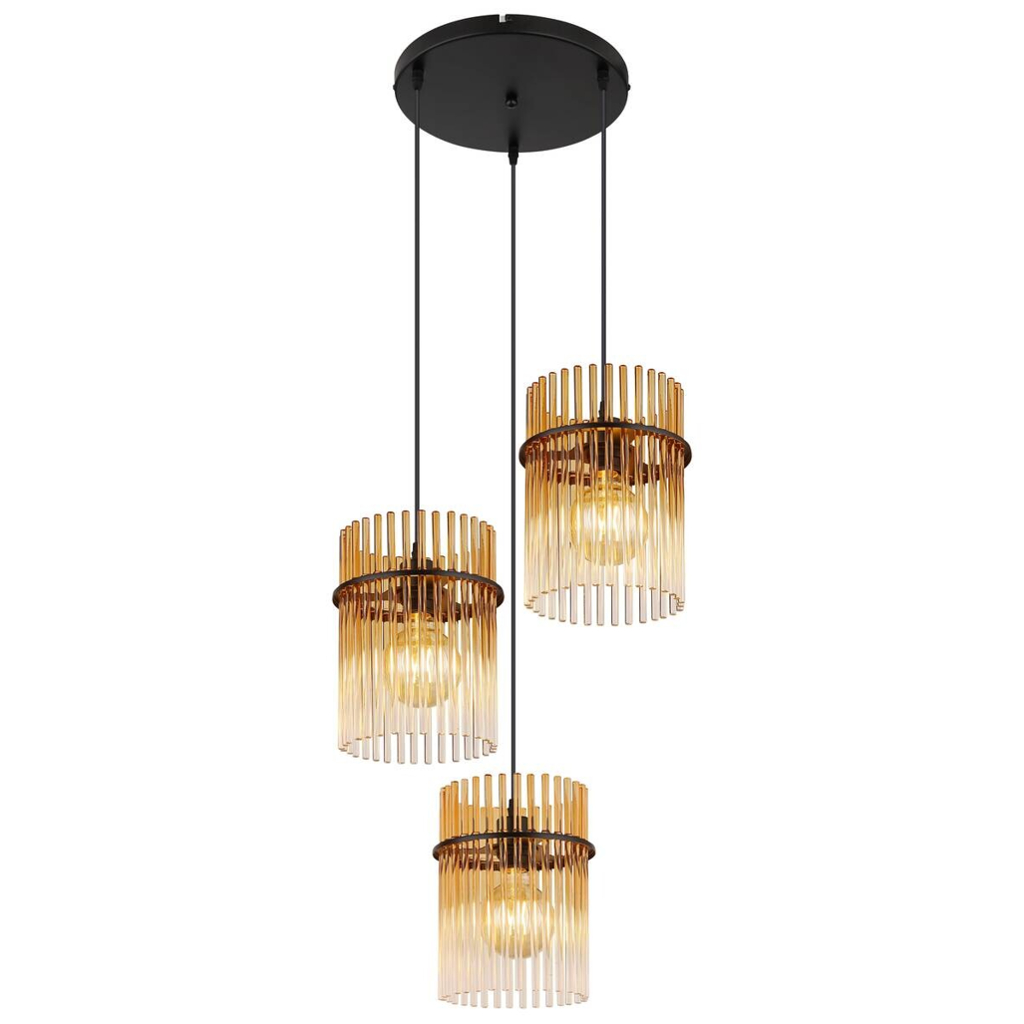 GLOBO Pendelleuchte Gorley schwarz amber Metall Glas H/D: ca. 140x47 cm E27 3 Brennstellen