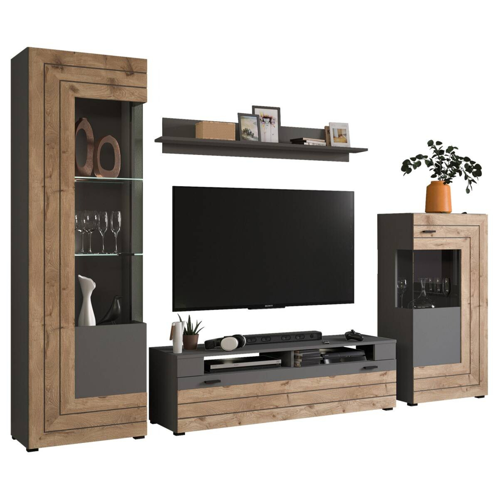 Wohnwand Freno grau matt Eiche Nox Oak Nachbildung B/H/T: ca. 290x194x40 cm