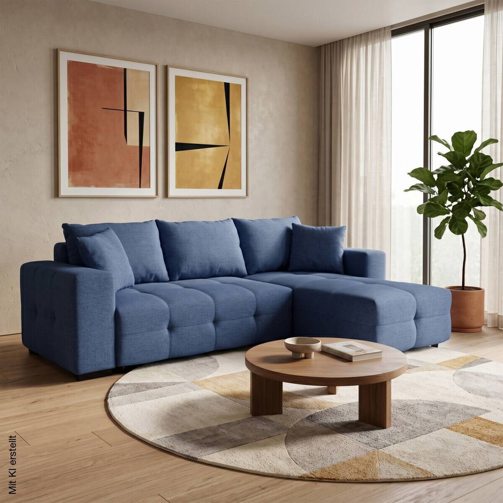 Ecksofa mit Bettfunktion und Bettkasten blau Webstoff B/H/T: ca. 247x83x162 cm