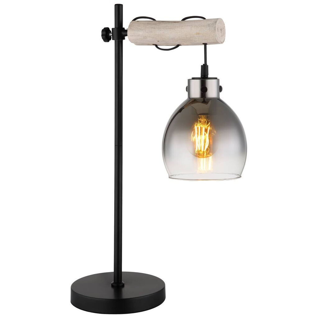 GLOBO Tischleuchte Rauch schwarz natur Glas Holz Metall B/H/T: ca. 18x55x33 cm E27 1 Brennstellen