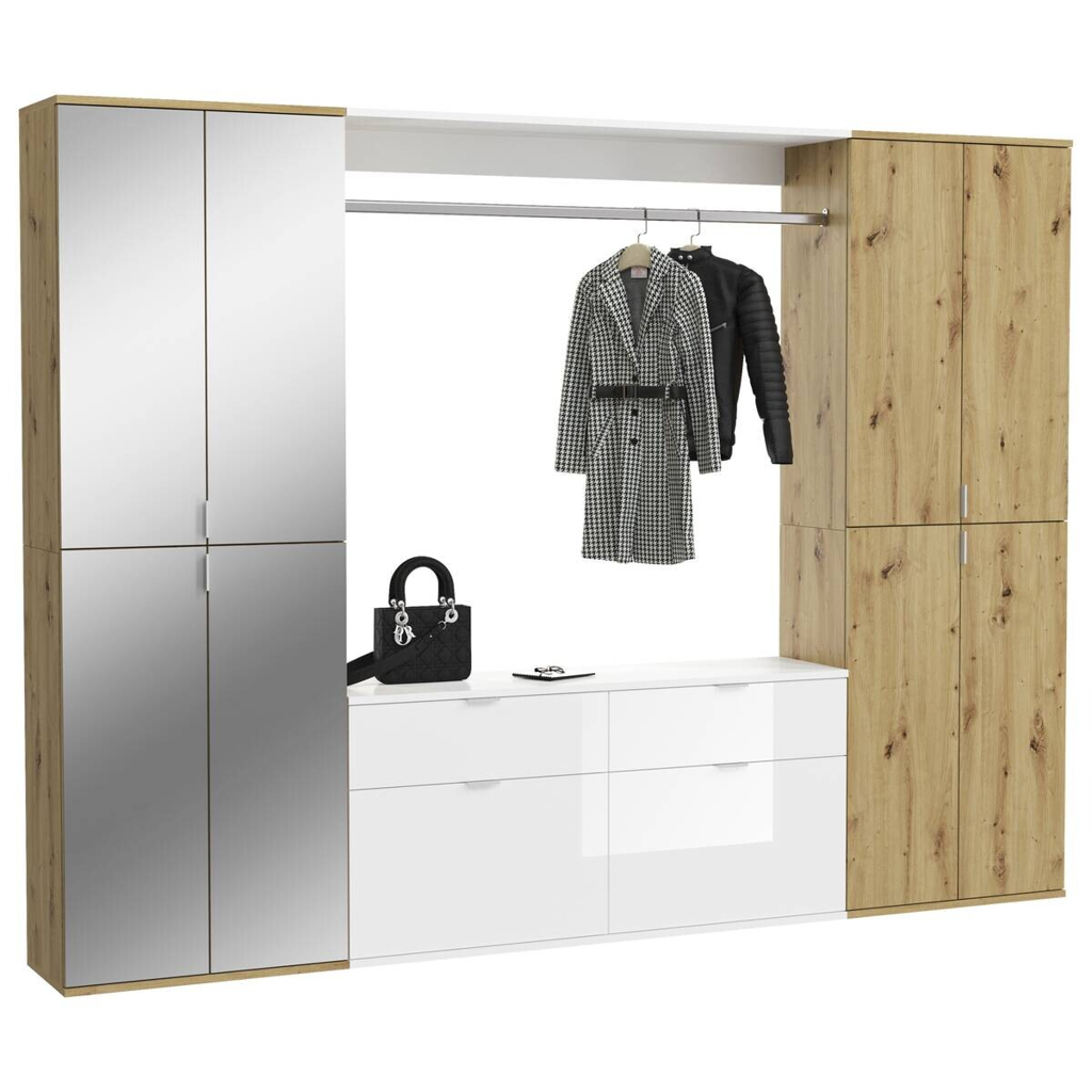 Garderobe PROJEKT Eiche Artisan Nachbildung weiß Hochglanz Spiegel B/H/T: ca. 243x193x34 cm
