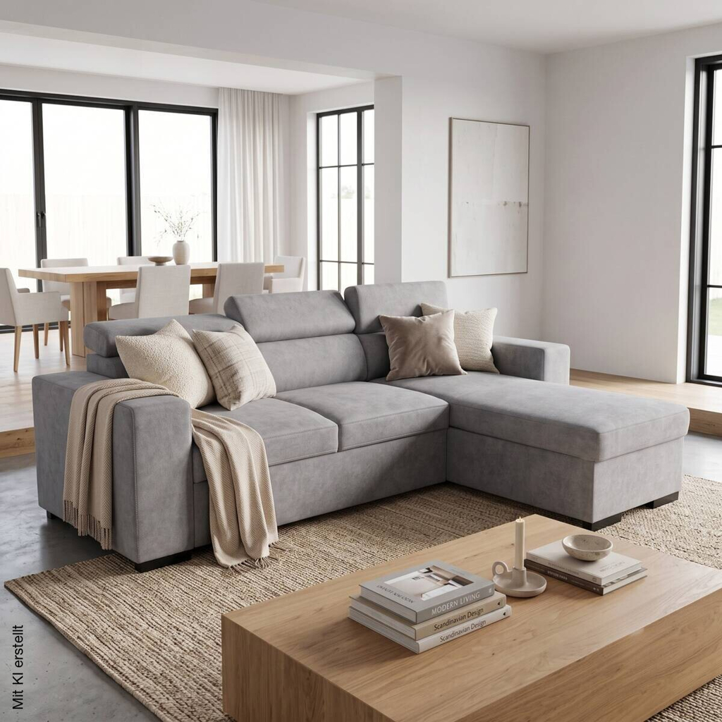 Ecksofa mit Bettfunktion und Bettkasten hellgrau Webstoff B/H/T: ca. 237x88x167 cm