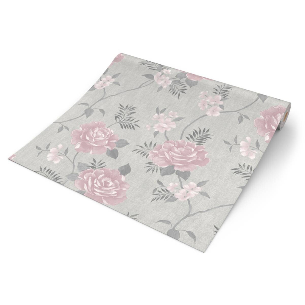 Papiertapete Blumenranke hellgrau dunkelgrau rosa B/L: ca. 53x1005 cm