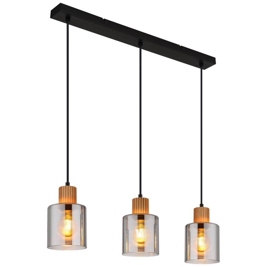 GLOBO Pendelleuchte Rauch schwarz dunkelbraun Glas Metall Holz B/H/L: ca. 12x120x64 cm E27 3 Brennstellen