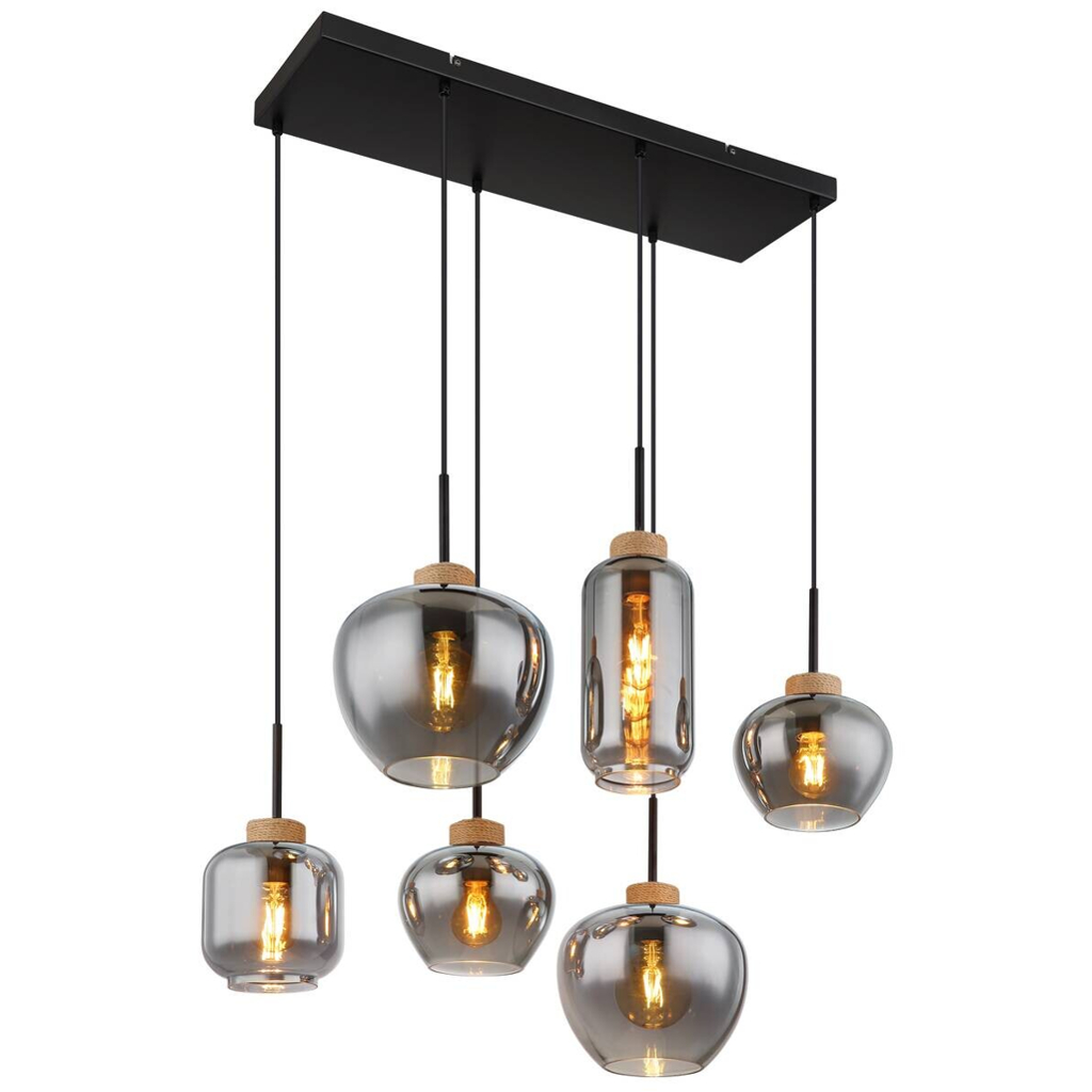 GLOBO Pendelleuchte natur schwarz Metall Hanfseil B/H/T: ca. 40x120x80 cm E27 6 Brennstellen