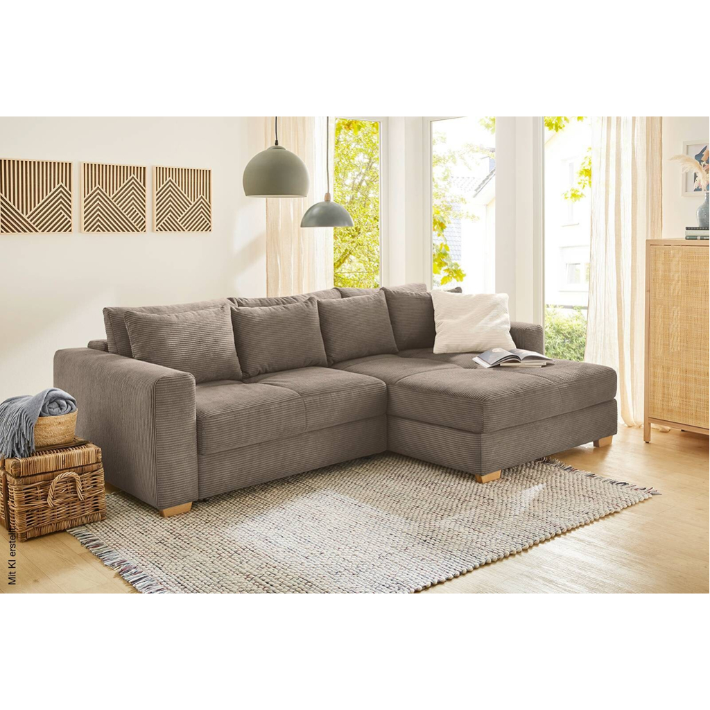 Ecksofa mit Bettfunktion und Bettkasten taupe Velourstoff B/H/T: ca. 288x86x186 cm