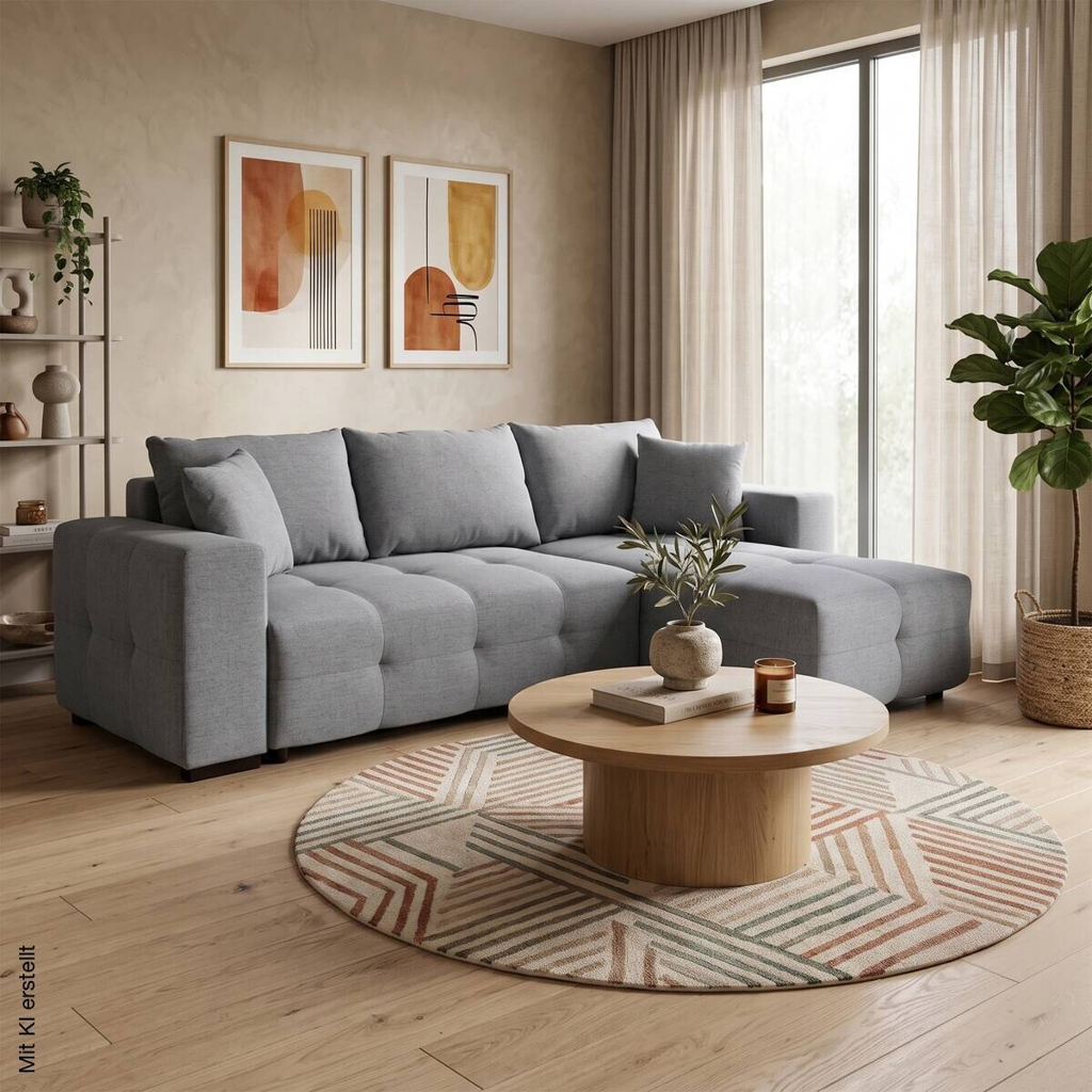 Ecksofa mit Bettfunktion und Bettkasten grau Webstoff B/H/T: ca. 247x83x162 cm
