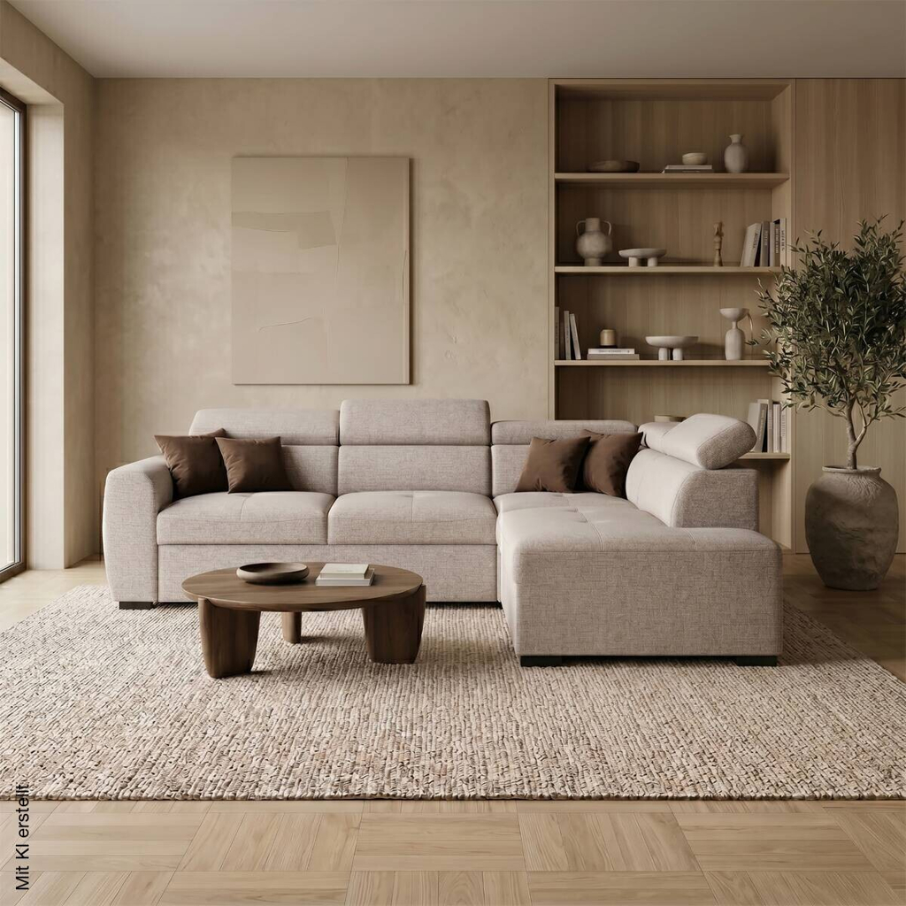 Ecksofa mit Bettfunktion und Bettkasten beige Webstoff B/H/T: ca. 245x184x87 cm