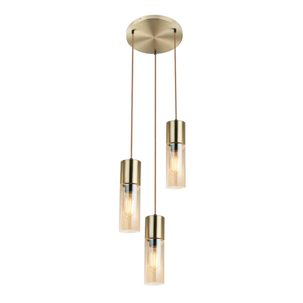 GLOBO Pendelleuchte messing amber Metall Glas H/D: ca. 150x30 cm E27 3 Brennstellen