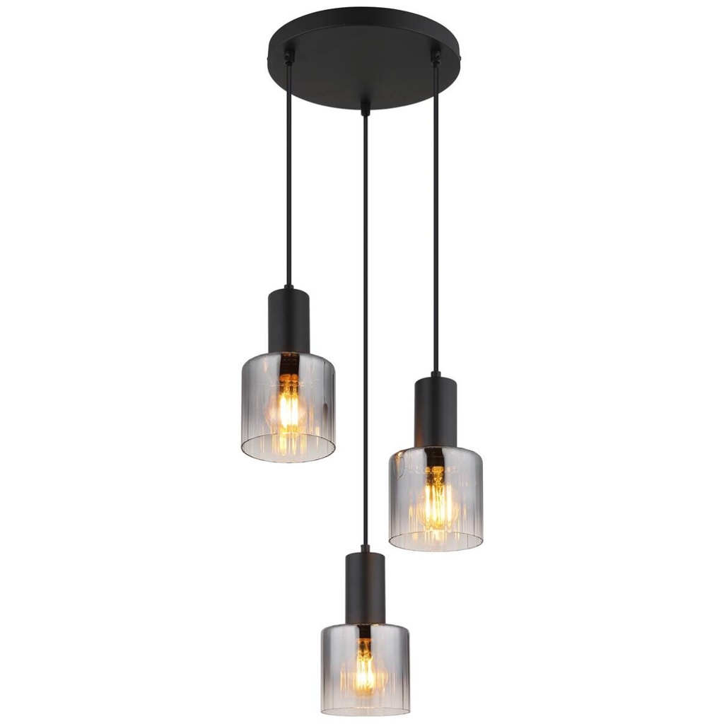 GLOBO Pendelleuchte Jack klar Rauch schwarz Glas Metall H/D: ca. 150x27 cm E27 3 Brennstellen