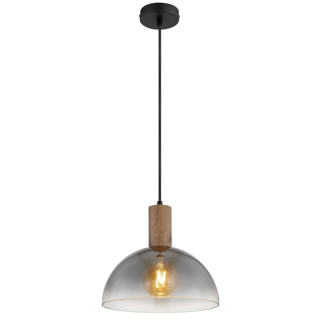GLOBO Hängeleuchte dunkelbraun mattschwarz Rauch Holz Glas Metall H/D: ca. 120x30 cm E27 1 Brennstellen