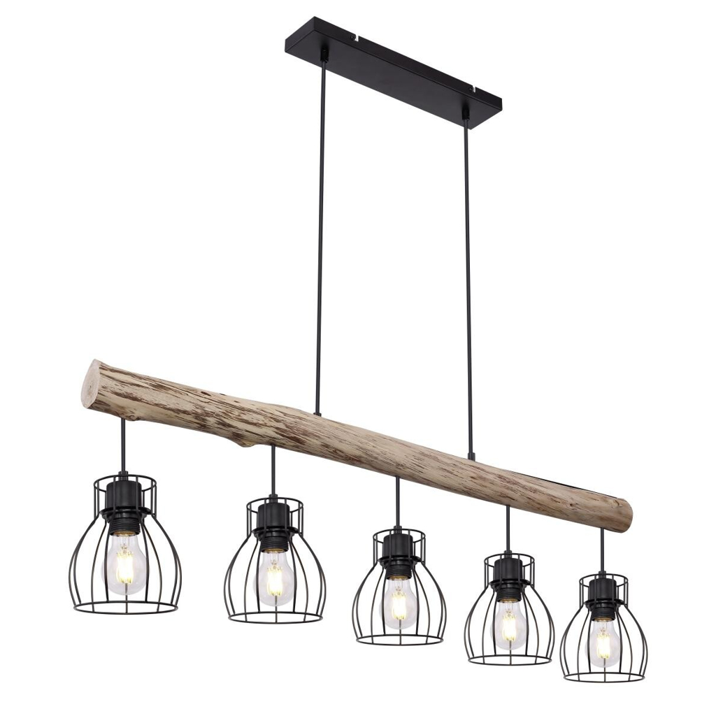 GLOBO Pendelleuchte 15326-5N schwarz natur Holz Metall B/H: ca. 104x140 cm E27 5 Brennstellen