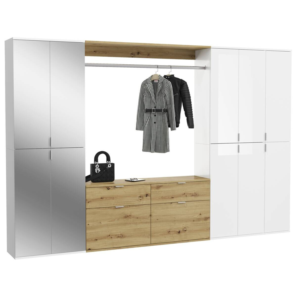 Garderobe PROJEKT Eiche Artisan Nachbildung weiß Hochglanz Spiegel B/H/T: ca. 273x193x34 cm